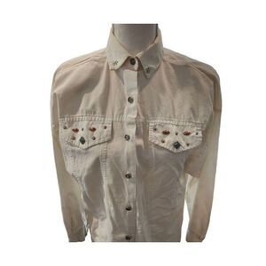 Vintage 80s White Bejeweled Stone Long Sleeve Western Shirt M Cowgirl Rodeo